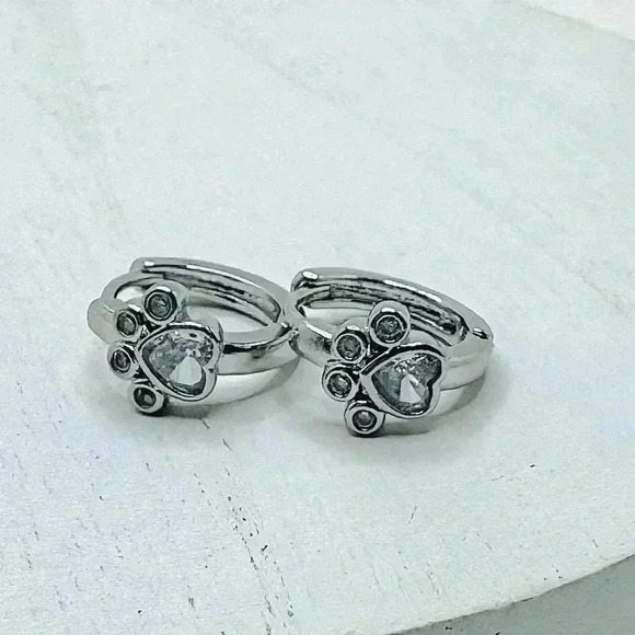 Paw Print Zircon Hoop Earrings in Silver - Picture 2 of 6